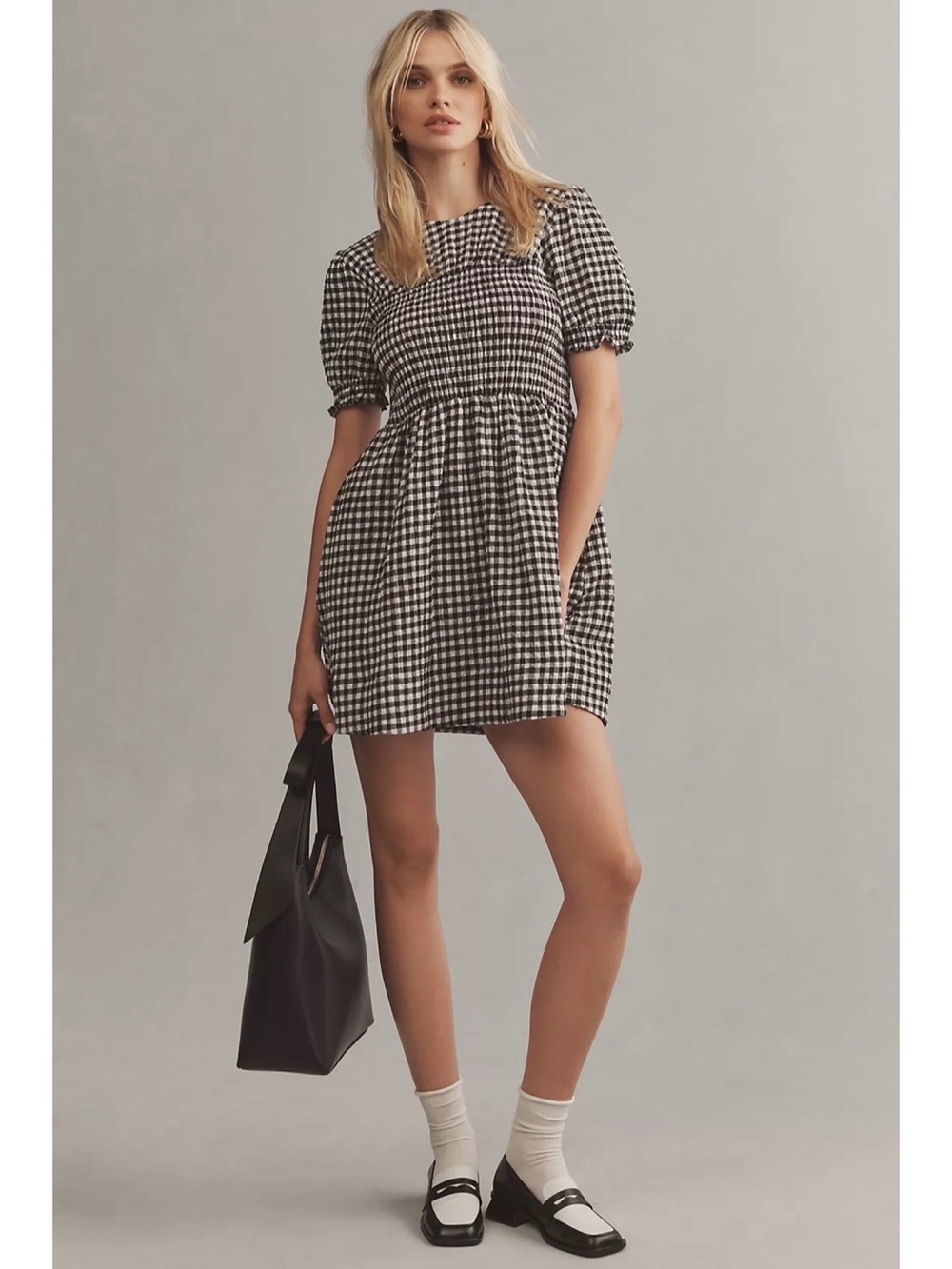 Anthropologie Maeve Puff-Sleeve Babydoll Mini Dress Pockets Gingham Check Sz M